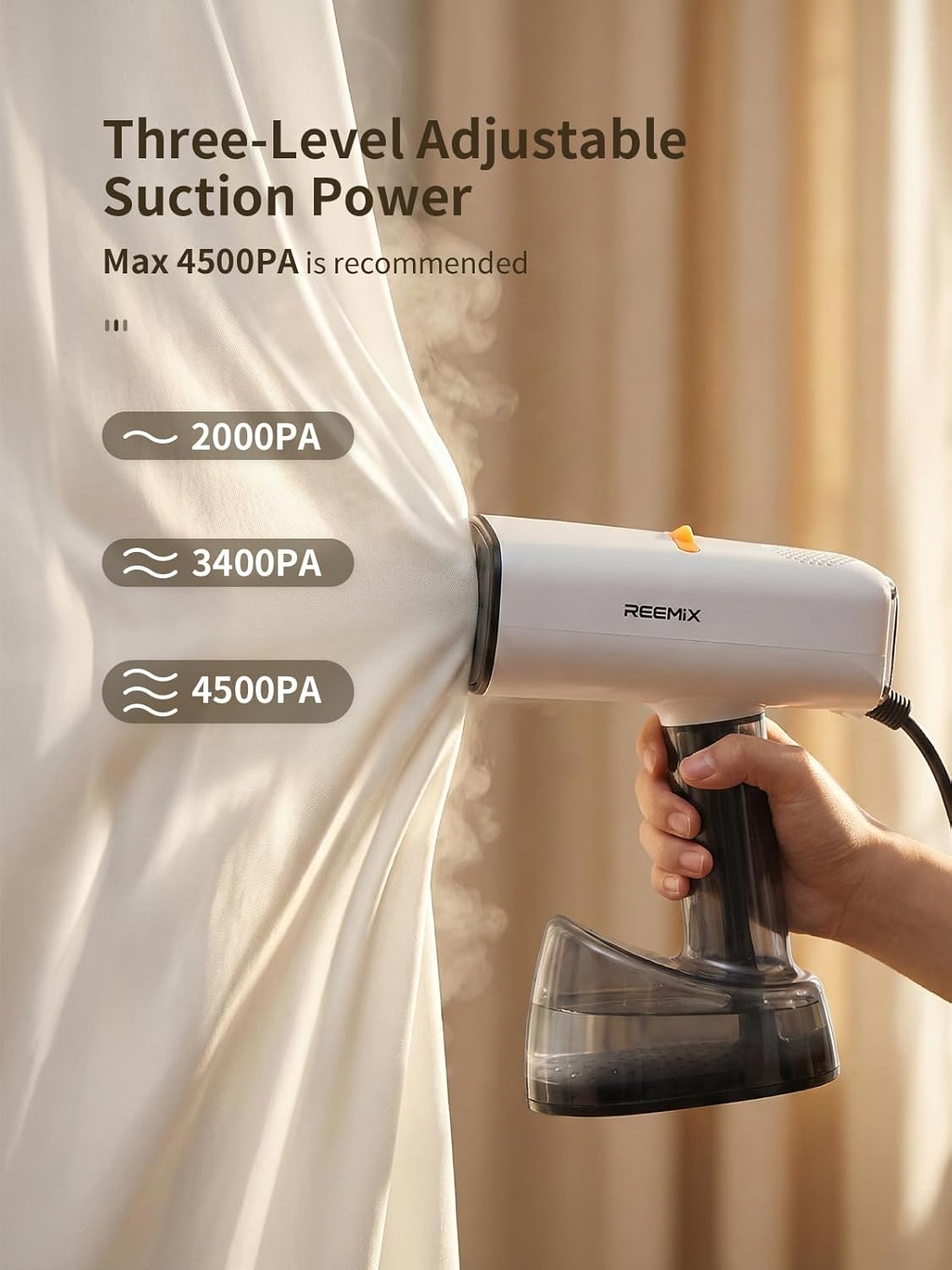 Reemix Vacuum Steamer for Clothes, 4500Pa Suction Handheld Clothes Steamer with 3 Adjustable Suction/Steam Levels, LED Display, 440ML Detachable Tank for More Clothes