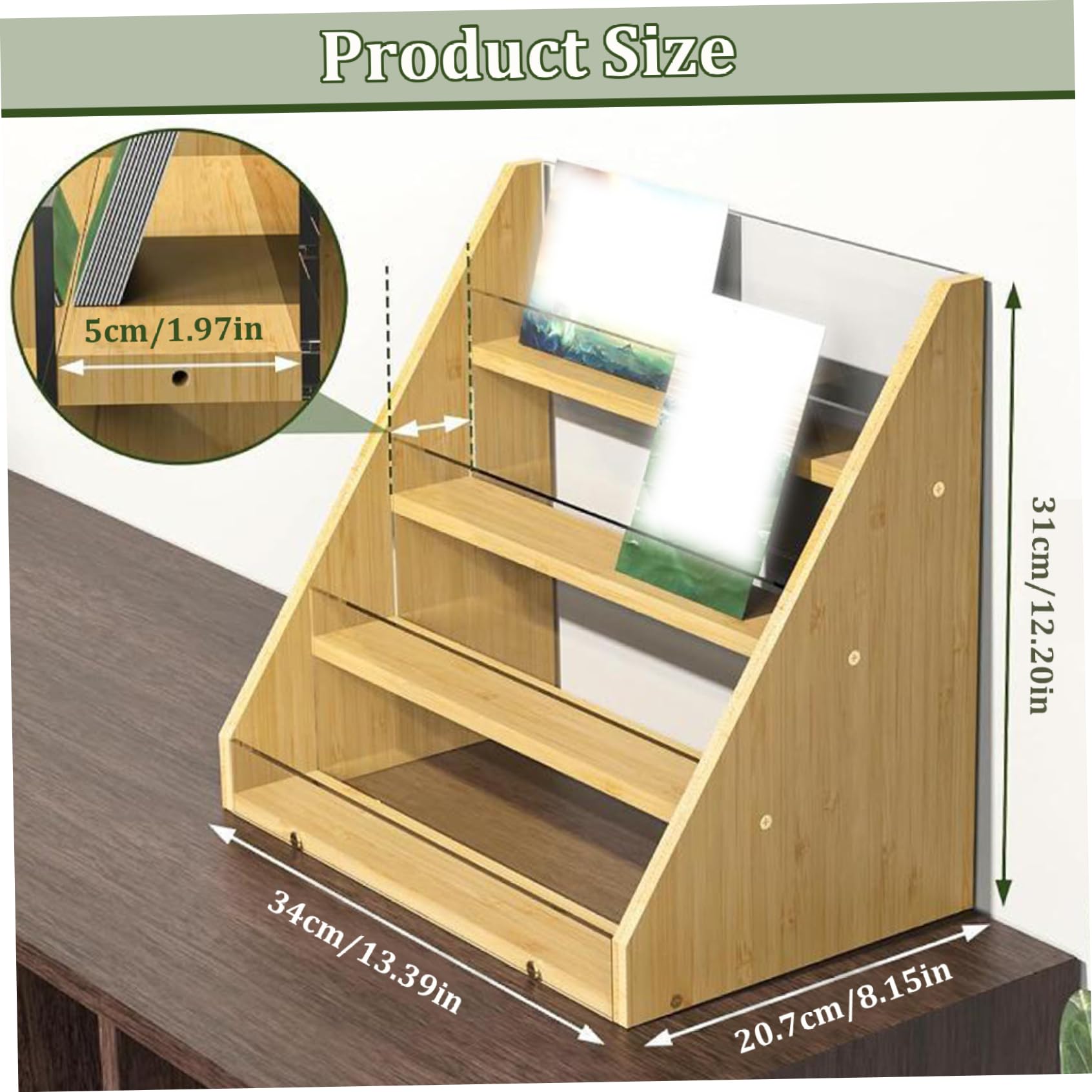 Stand d'affichage de la carte de voeux, support de cartes de voeux stand à 4 niveaux Natural Bamboo Greeting Carte Organisateur Multi-Purpose Greeting Carte Holder pour carte postale, photo, autocoll