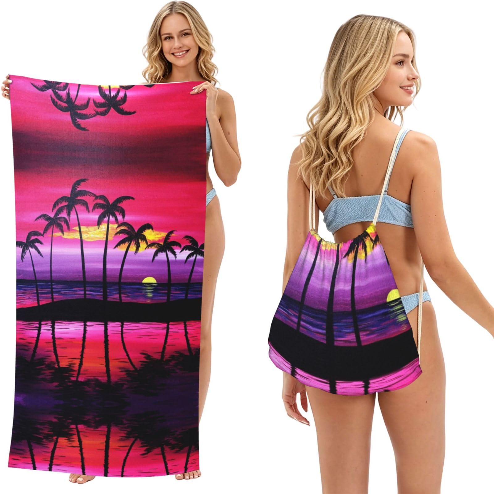 ESNAIUVCD Tropical Palm Tree Print Beach Towel For Adults,Towel With Drawstring Bag, Travel Pool Swimming Sports Shower Sand Free Quick Dry Bath Towel For Pool, Beach, Yoga- 180x60cm
