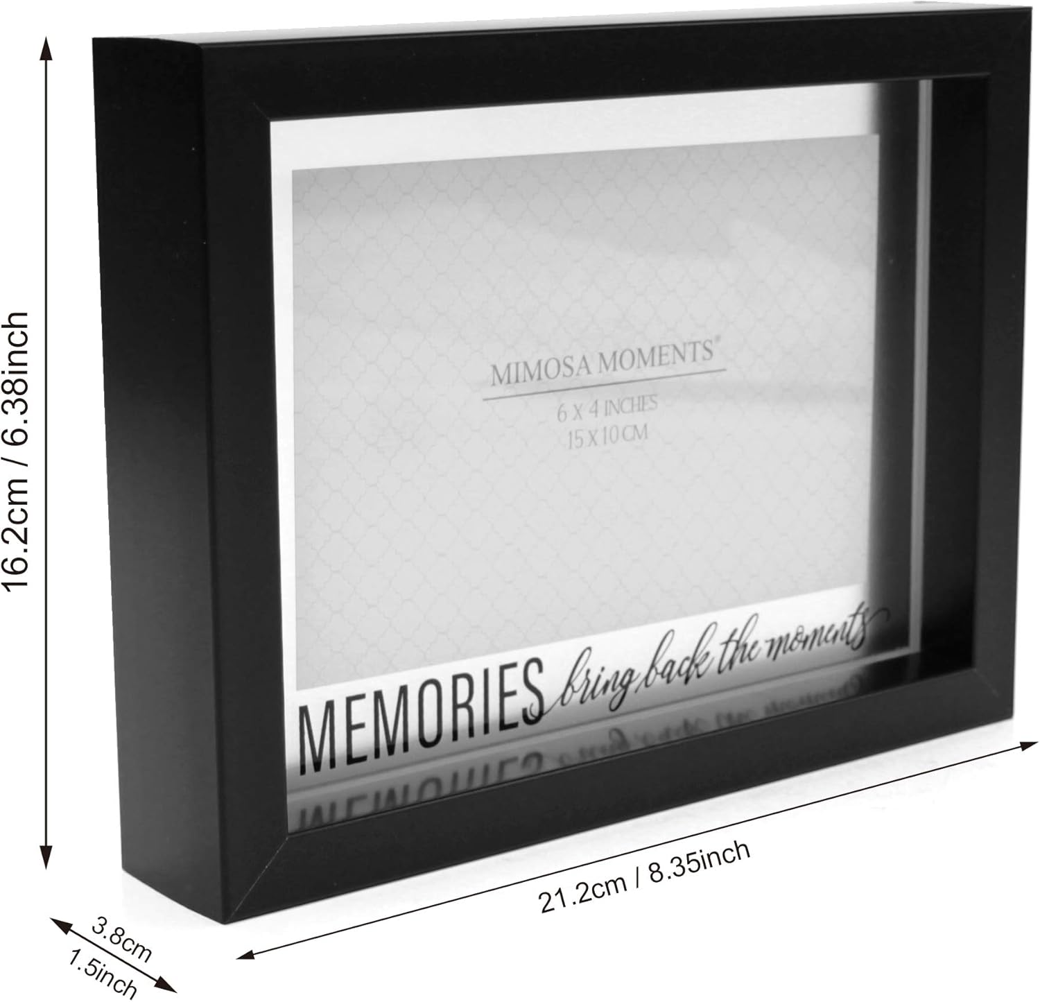MIMOSA MOMENTS "MEMORIES bring back the moments" Floating Photo Frame, 4x6, Black Finish - Tabletop Display, Recycled Polystyrene, Double Glass, Gift for Family, Friends, Graduation, Birthday, Housewarming
