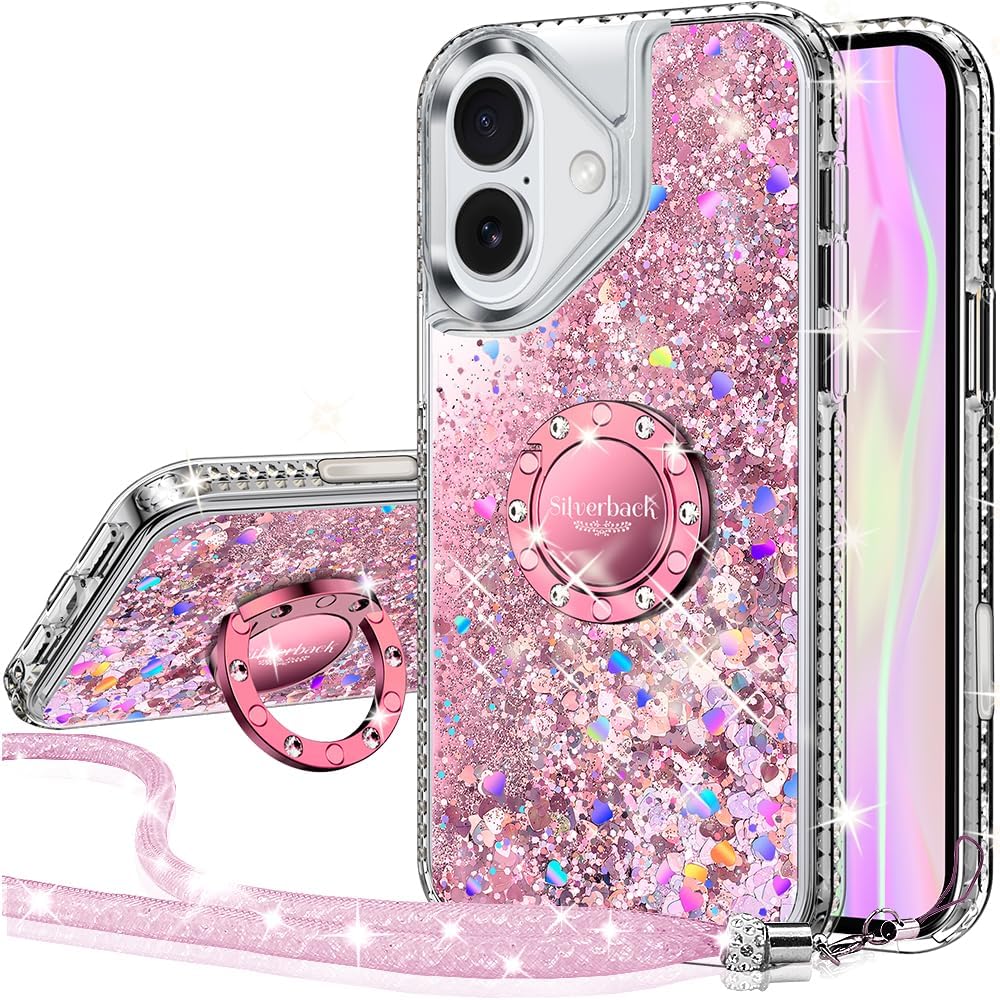 Coque iPhone 17 – Silverback 2025 Coque iPhone avec Support, Téléphone Portable Paillettes pour Filles avec Anneau, Protection Paillettes en Silicone Liquide pour iPhone 2025 – Rose