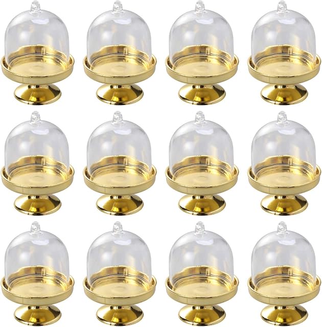 STOBOK 12pcs Mini Cake Stand Cupcake Display Plate with Lid Birthday Wedding Halloween Party Supplies (Golden Base)