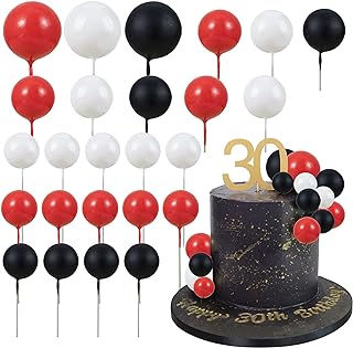 Gyufise 30Pcs Ball Cake Topper Decorations Mini Balloons Cake Topper Sticks Foam Balls Cake Picks Decorations Cake Decorations for Wedding Party Birthday Decorating Red Black White
