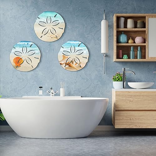 Miniatura 6 de Tatuo 3 piezas de decoración de pared costera de verano para baño, playa, arte de pared azul, tortuga de mar, tabla de surf, caballito de mar,