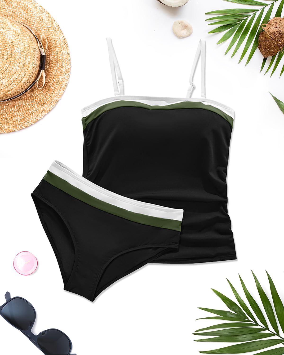 Daci Bandeau Tankini Swimsuits for Women - Two Piece Ruched Tummy Control Bathing Suit Strapless Swimwear with Bottom - Image 3