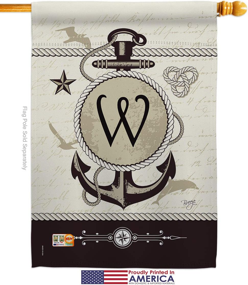 Nautical W Initial House Flag Monogram Coastal Anchor Sailor Sea Shells Outdoor Summer Ocean Small Decorative Gift Yard Banner Made In USA 28 X 40