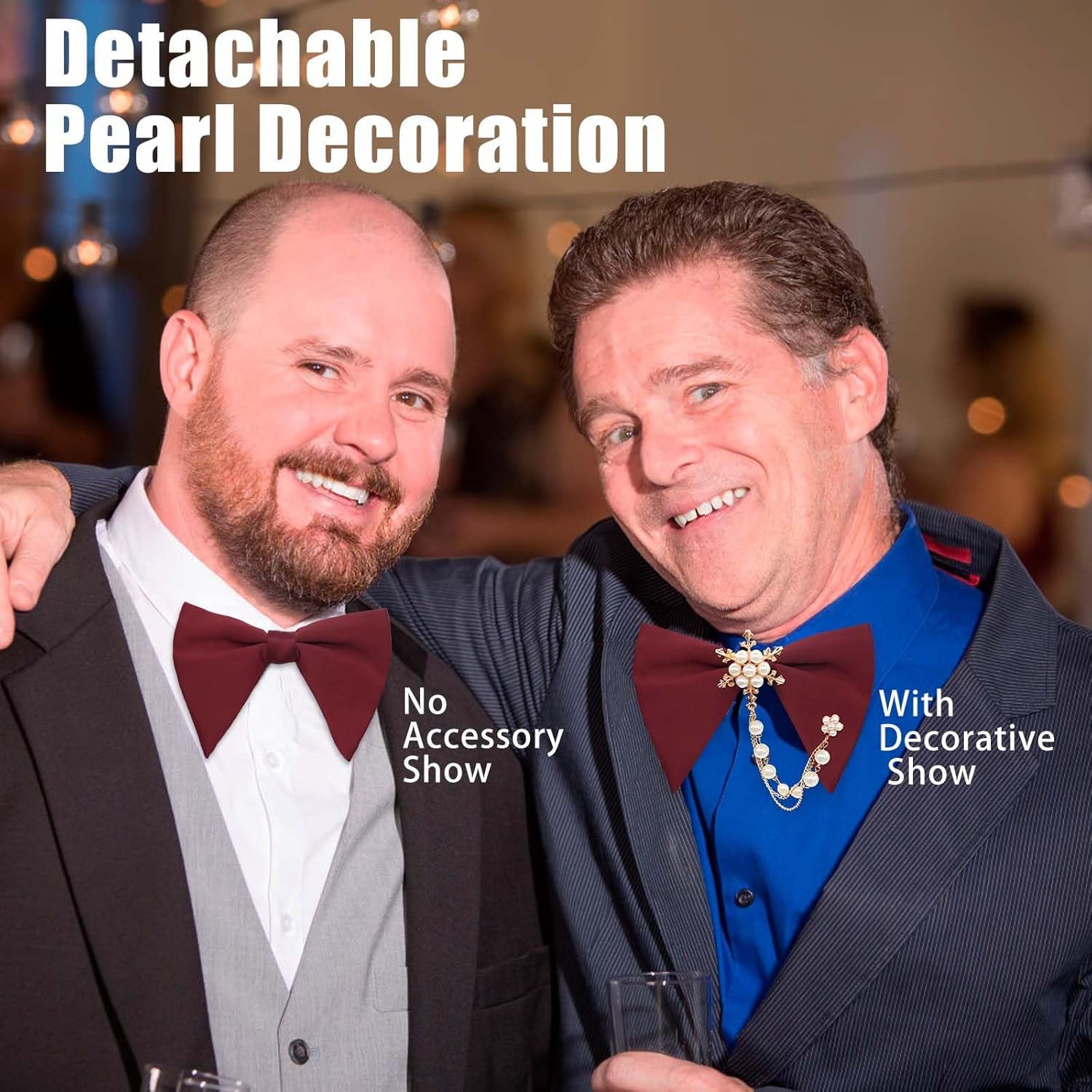 Mantieqingway Oversized Bow Ties for Men, Adjustable Pre-tied Bow Tie with Pearl Decoration Tuxedo Bowties For Wedding Party - Image 5