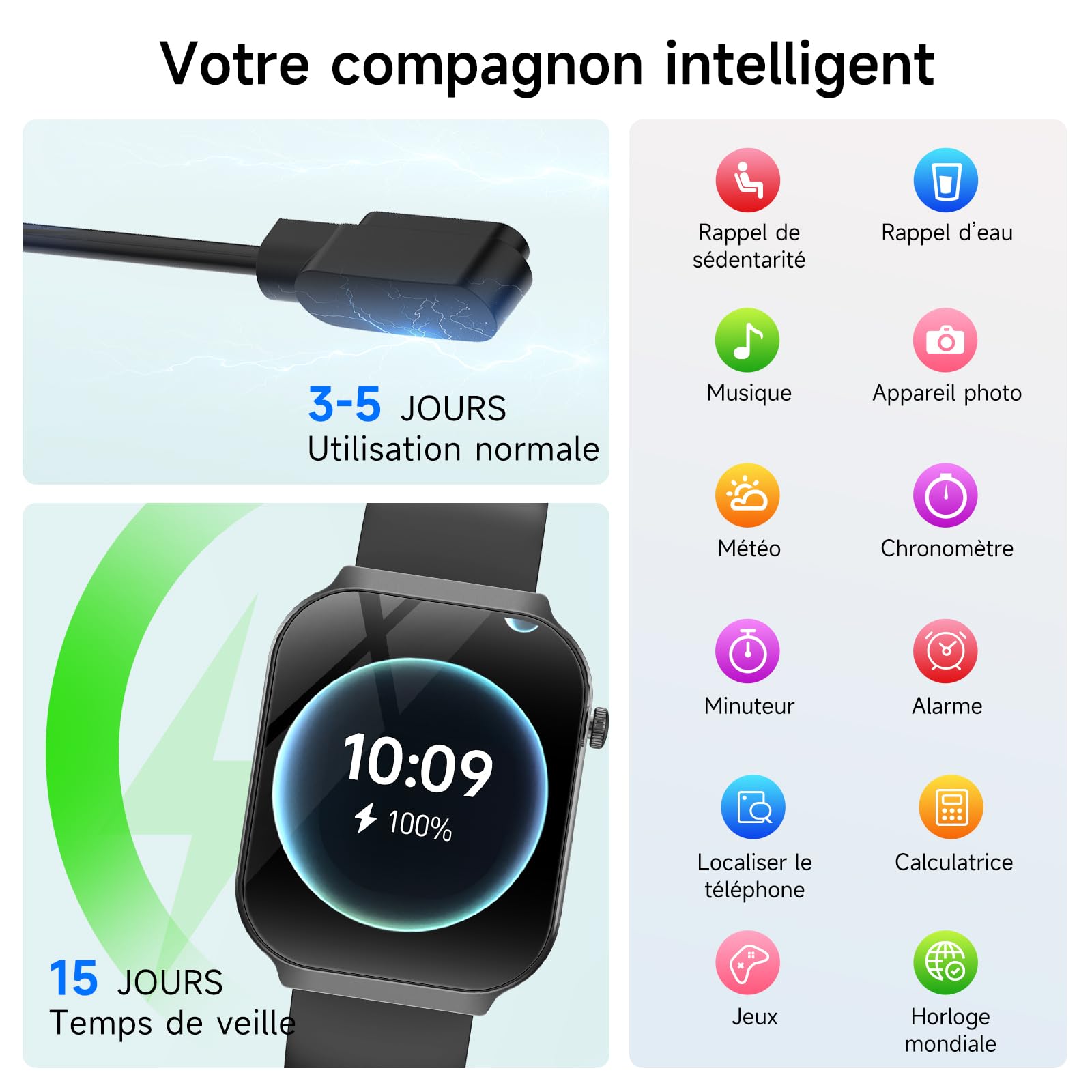 Nouv’ECG Smartwatch Homme Pression Artérielle, 2.2" Écran Incurvé