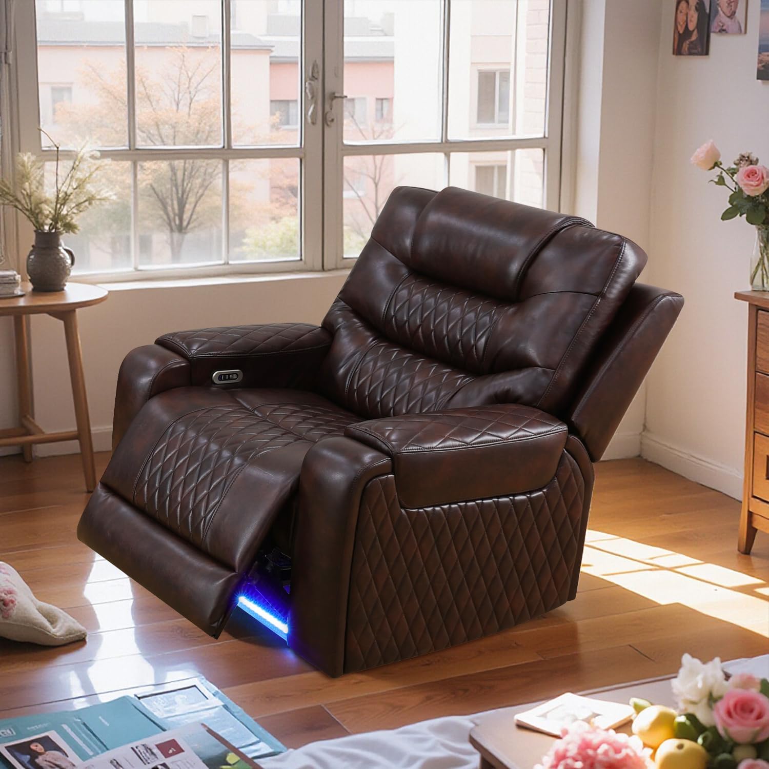 40" Brown Leather Power Recliner Chair, Luxurious Modern Single Recliner with LED Light & USB Port for Living Room