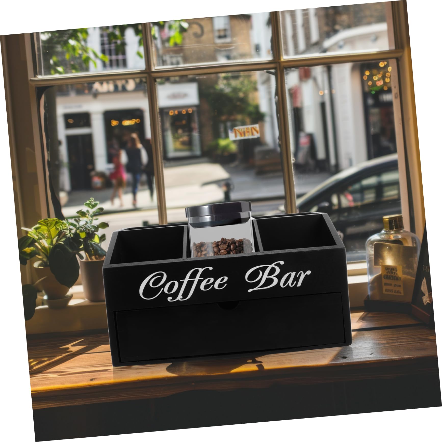 Caja Organizadora de Barra de Café de Madera Negra | Diseño de Compartimentos, para Sobres de Azúcar, Pajitas y Servilletas, Uso en Encimera