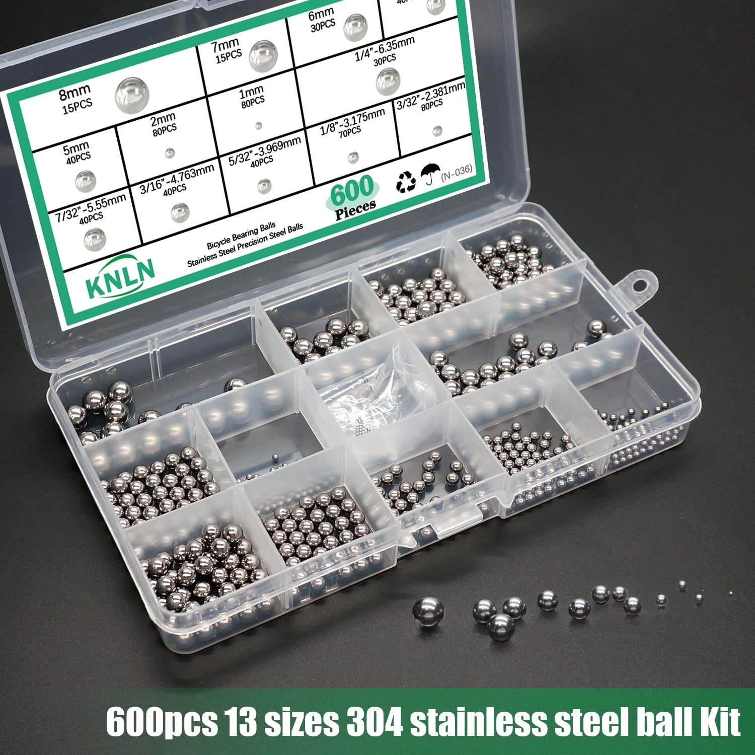 KNLN/600PCS 12 Size Bicycle Bearing Balls Stainless Steel Precision Steel Balls Stainless Steel Assorted Loose Kit 1mm,2mm,5mm,5.5mm,6mm,7mm,8mm,1/4" 7/32" 3/16" 5/32” 1/8" 3/32" N-036-600PCS