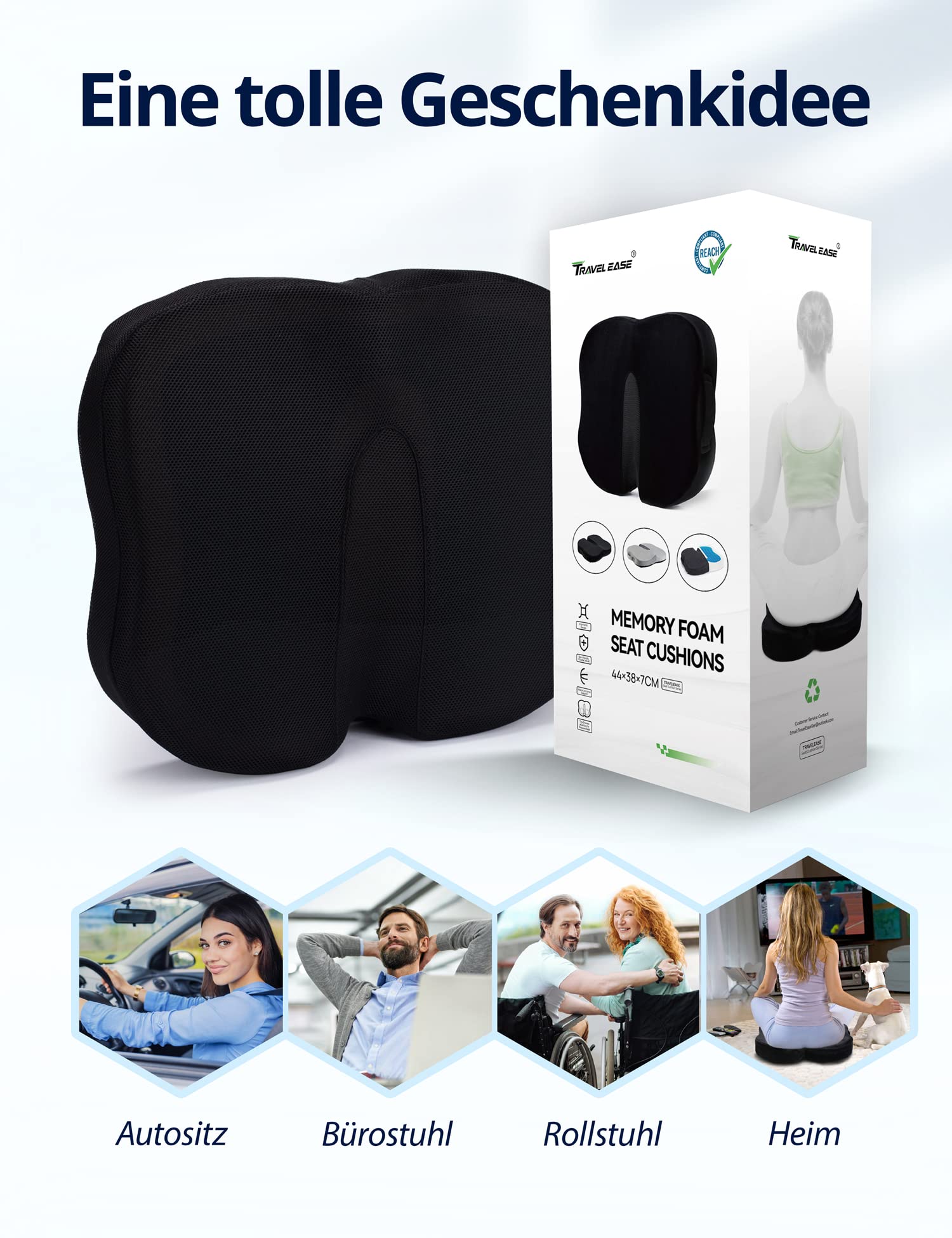 Travel Ease Ergonomisches Sitzkissen, Premium Gel Memory-Schaum Sitzpolster mit Rutschfester Basis für langes Sitzen, Hüftstützkissen für Bürostuhl, Autositz, Gaming-Stuhl (Schwarz)