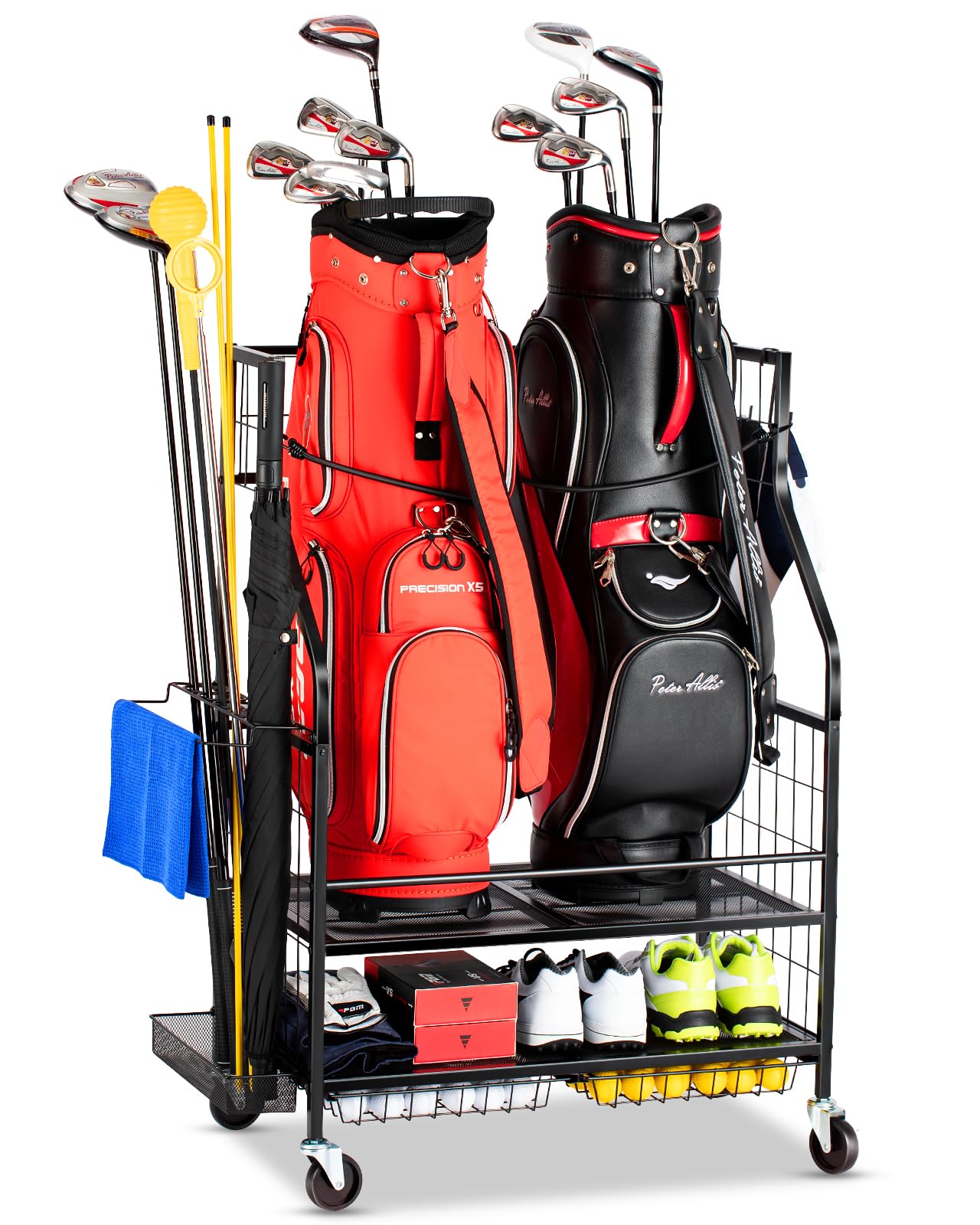 Golf Bag Storage Organizer- Golf Bag Stand Fit for Golf Bags and Golf Clubs, Golf Balls, Golf Equipment Accessories, Extra Large Golf Bag Storage Rack for Garage