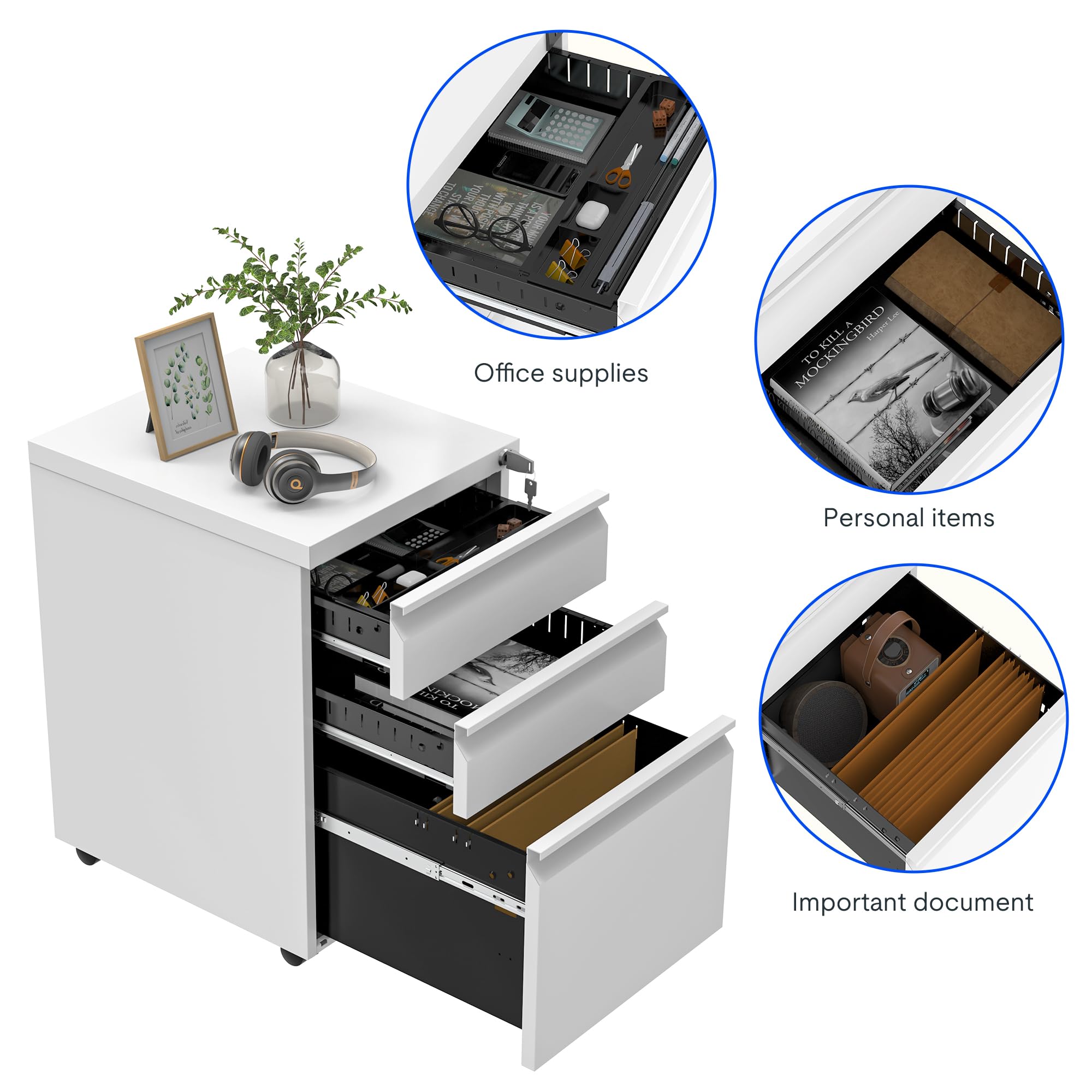 FLEXISPOT CB32 Contenedor con Ruedas, Mueble de Oficina, cómoda, Escritorio con Ruedas con 3 cajones para Oficina, salón y Dormitorio, con Cerradura con Llave, Blanco