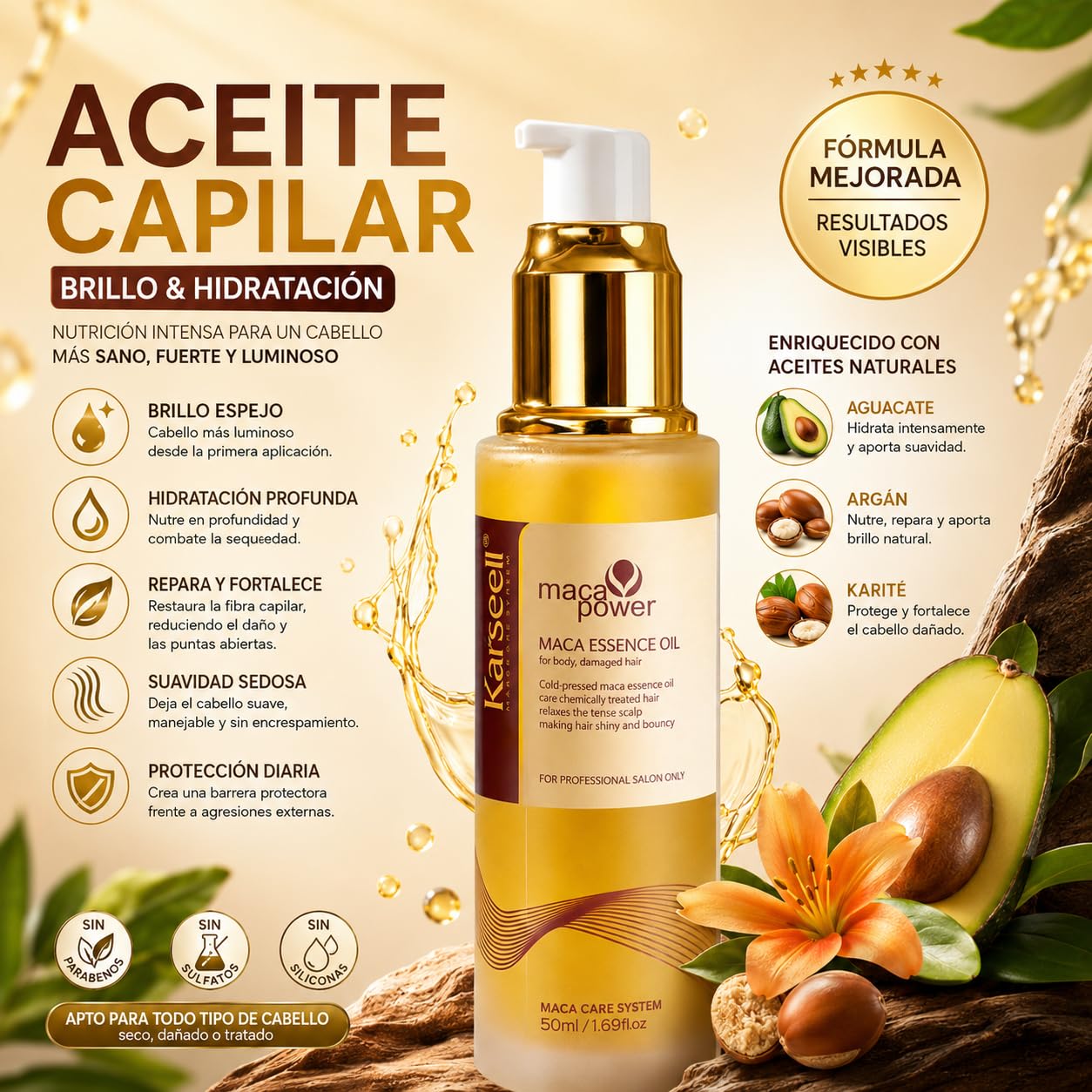 Karseell MACA CARE SYSTEM Sérum Capilar Profesional Aceite de Argán Karité Hidratación Reparación Brillo Antifrizz Alisado Nutritivo Puntas Abiertas Cabello Seco Dañado Teñido Rizado Sin Sulfatos 50ml