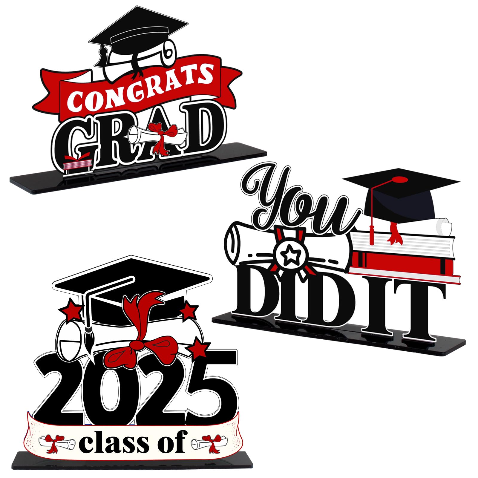 LINGTEER Class of 2025 Graduation Party Decorations - 3Pcs Congrats Grad 2025 School Graduation Acrylic Table Centerpieces Gift Stand Decorations - Red.