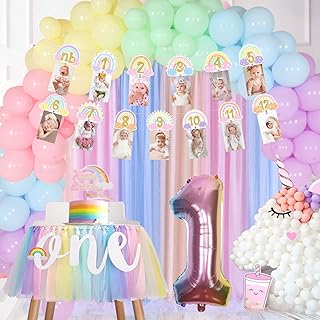 Rainbow 1st Birthday Party Decorations for Girls, Pastel Macaroon Balloons Garland Arch Kits - Balloons, Photo Banner, Highchair Banner - Bday First Birthday Party Supplies Set