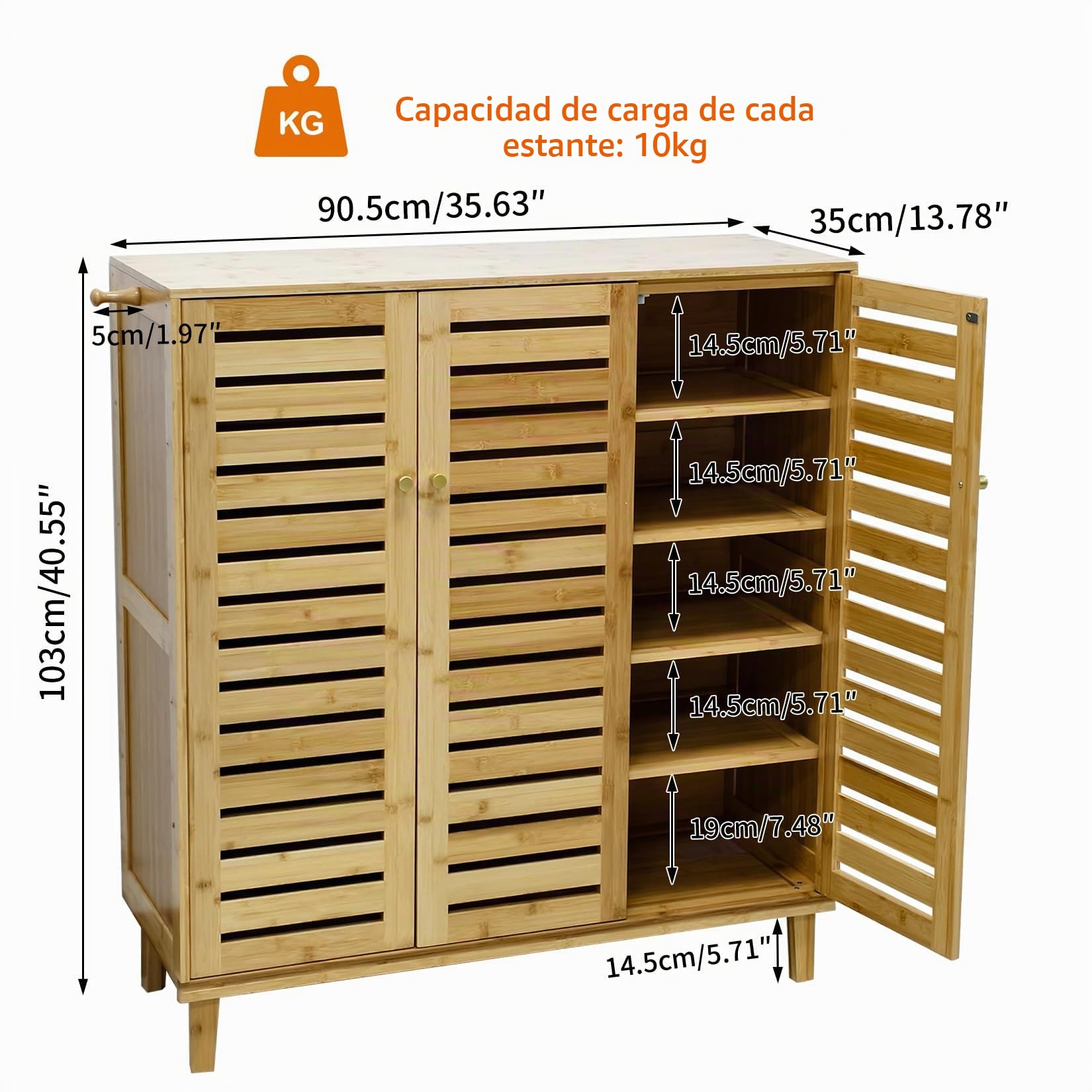 unho Zapatero Madera con Cierre Magnético y Ganchos 20 Pares, Fondo 35 cm | Mueble Zapatero Recibidor con 5 Estantes, con 3 Puertas, para Salón Pasillo, Madera Natural, 90.5x35x103cm