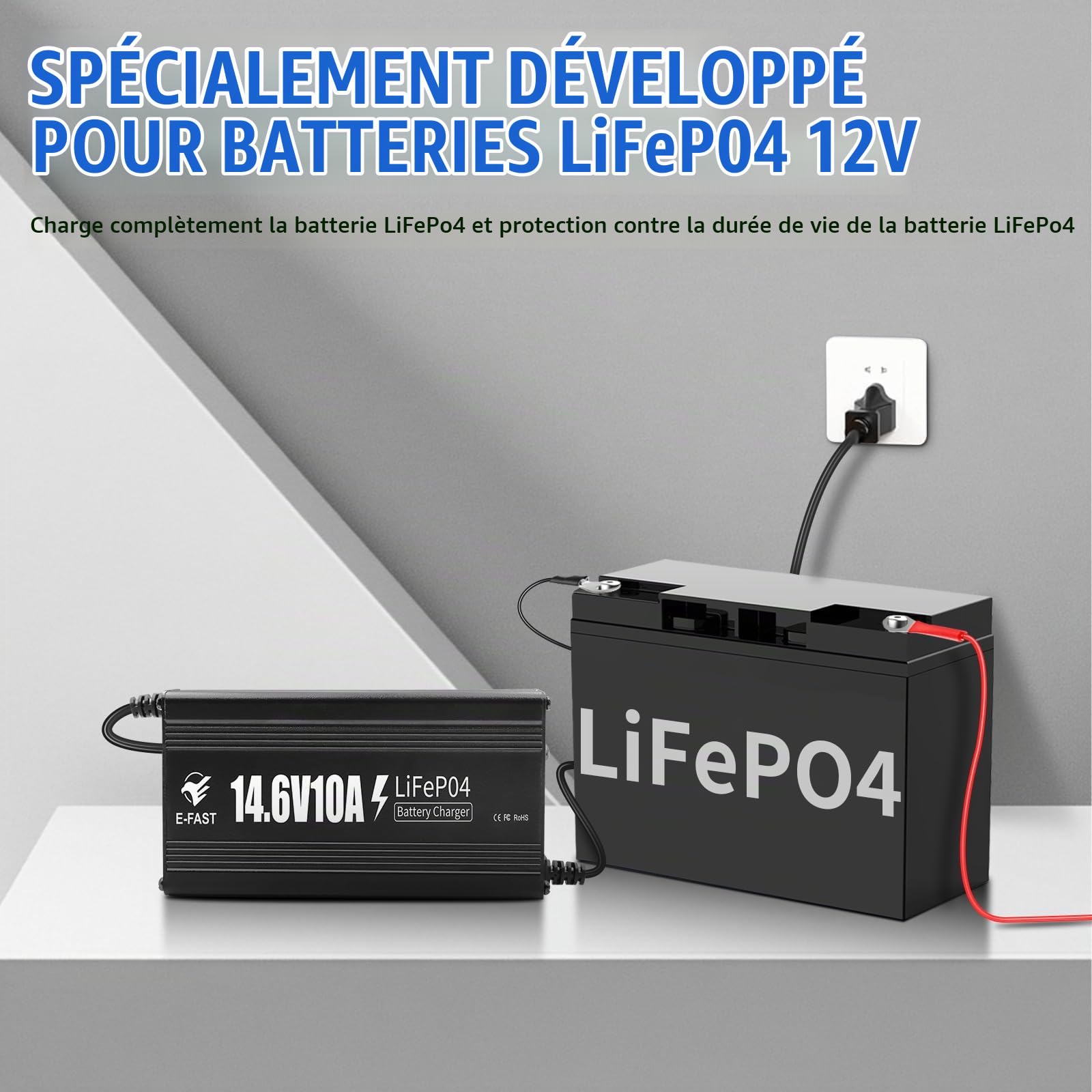 Chargeur de Batterie Automobile LiFePO4 14,6V 10A Chargeur Batterie 12V Protection Multiple Chargement Rapide pour Batterie au Lithium 12V