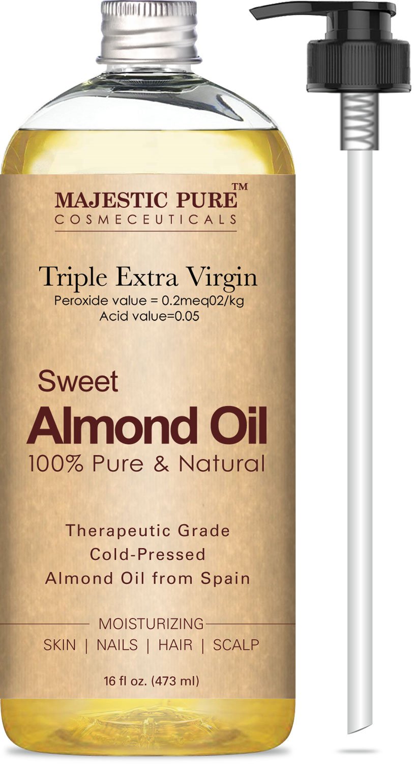 Majestic Pure Sweet Almond Oil, Triple A Grade Quality, Pure and Natural from Spain, Cold Pressed, (Packaging May Vary) - 16 fl. oz.