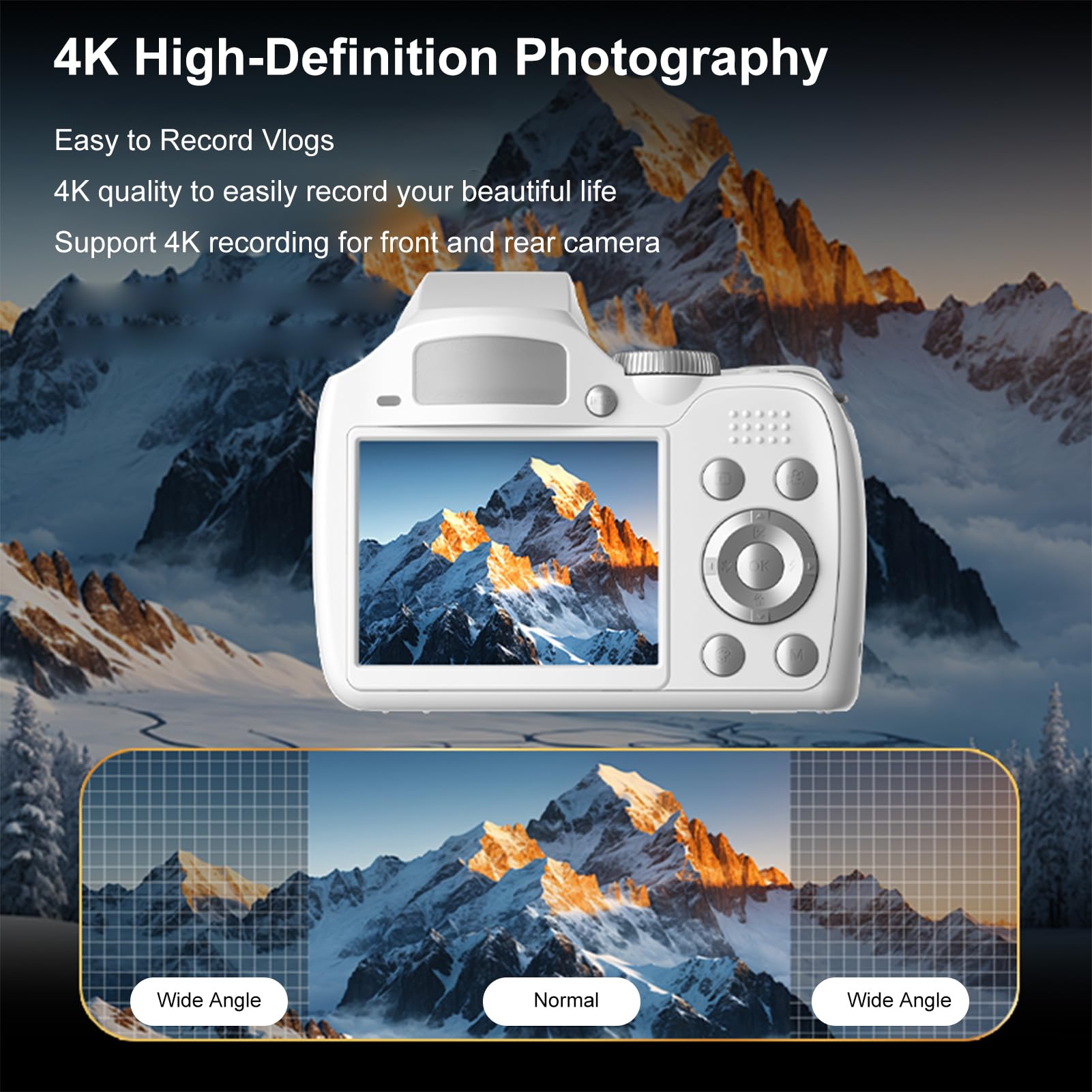Bewinner Fotocamera Digitale 4K per Fotografia, Fotocamere Vlogging da 60 MP con Schermata da 2,88 ", Zoom Ottico 12x, Videocamera Video Autofocus per Principiante (WHITE)