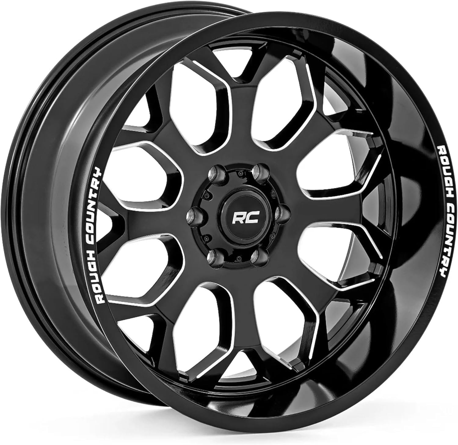 Rough Country 96 Series One-Piece Aluminum Wheel 20x10, 6x5.5" Bolt Pattern, 19mm Offset - Gloss Black w/Milled Accents, 8-Spoke, Lightweight with Center Cap
