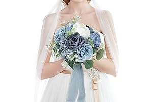 Pre-Arranged Dusty Blue Bridal Wedding Bouquet - Artificial Peony Rose Flower Bouquet...