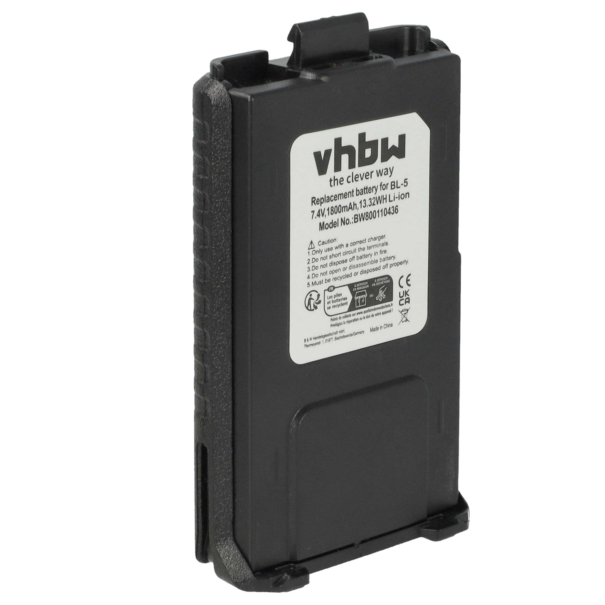 vhbw batteria compatibile Baofeng UV-5R UV-5RE UV-5RA 1800mAh 7,4V Li-Ion sostituisce BL-5