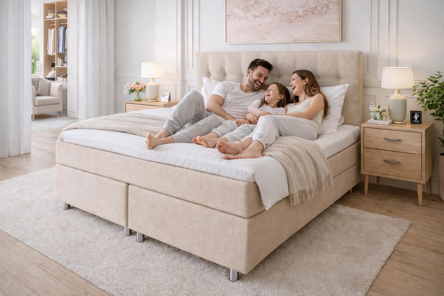 Tesla Dreams Boxspringbett 180x200 Ronda, 7 Zonen Taschenfederkern-Matratze H2/H3, 5 Jahre Garantie, Topper Visco, Unterbau Taschenfederkern, Montage verfügbar, Beige