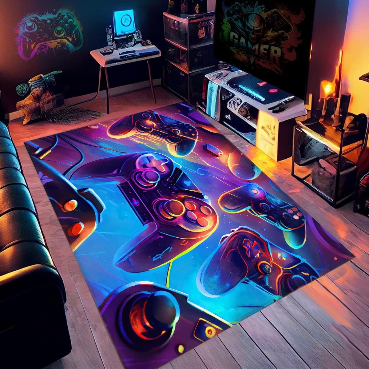 Xisnuient Men's Grey Teenager Bedroom Rugs Gamer Rug Gaming Deco Boys Room Modern Living Room Anti-Slip Rug 3D Dazzling Neon Coloured Graffiti Game Console Soft Flannel Carpets (,45X120cm)