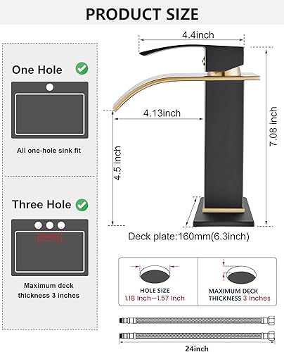 Miniatura 7 de Midanya Grifo de lavabo de baño de cascada negro mate con boquilla de oro cepillado, grifo de baño de un solo agujero, grifo de lavabo de tocador de