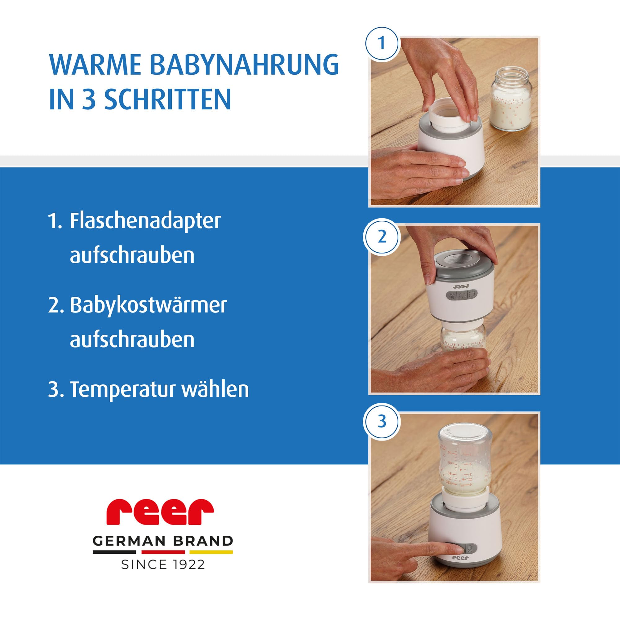 reer Flaschenwärmer Baby unterwegs mit Akku - Heat2Go - mobiler Baby Flaschenwärmer, Babykostwärmer, Fläschchenwärmer - 4 Heizstufen, USB-C, Adapterset, Fläschchenwärmer to go - leicht zu reinigen