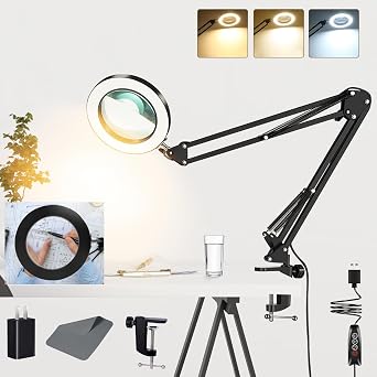 10X Magnifying Glass with Light, Adjustable Swing Arm 72 LEDs Real Glass Lens Magnifying Lamp, 3 Color Modes 10 Stepless Dimmable, Lighted Magnifier for Daily Reading Hobbies Crafts Workbench Black