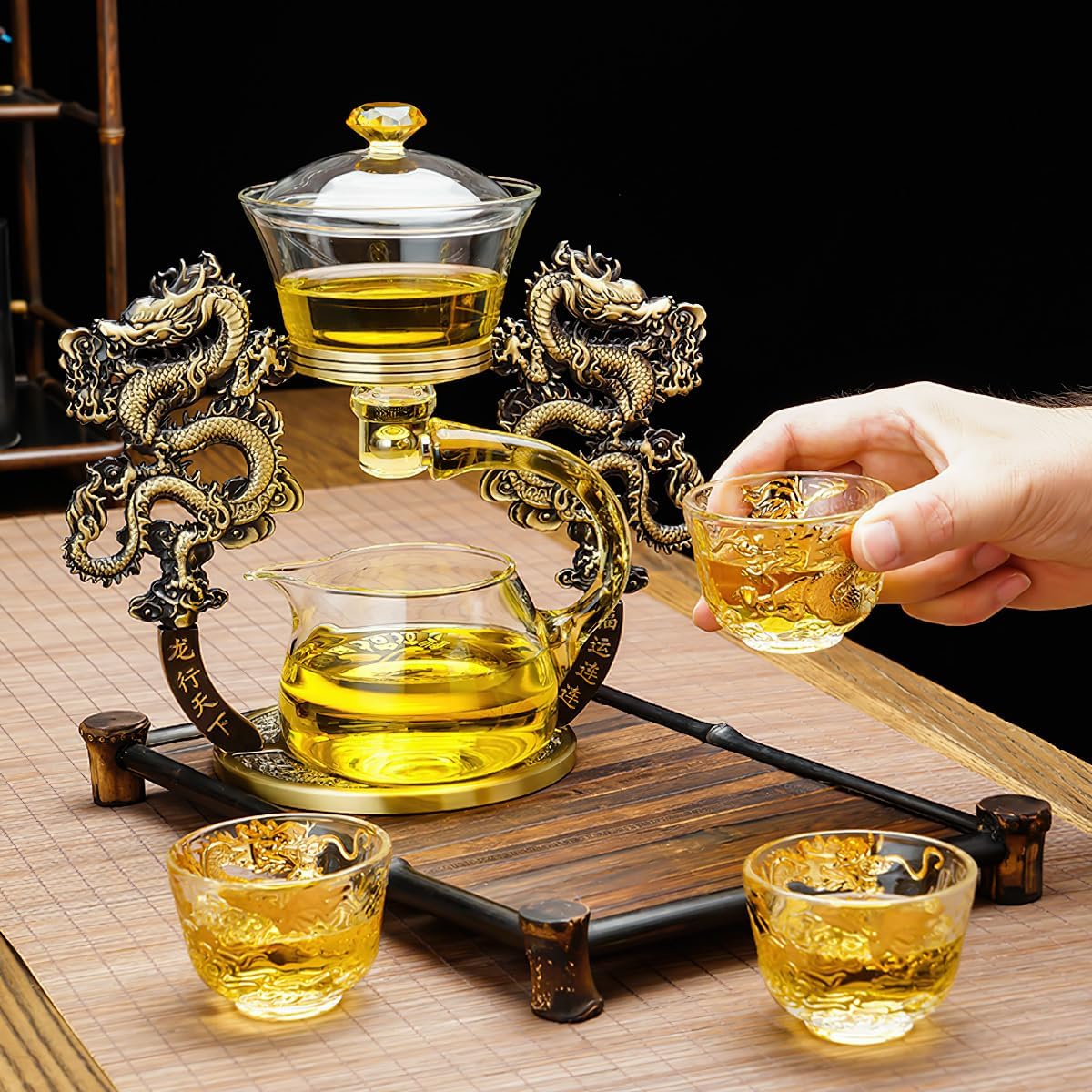 Semi Automatic Drip TeaPot, Lazy Kung Fu Glass Magnetic Tea Set, Pure Copper Heat Resistant Glass Magic Teapot Set, Suitable for home/office Reception Tea Set, Perfect for Holiday Gifts