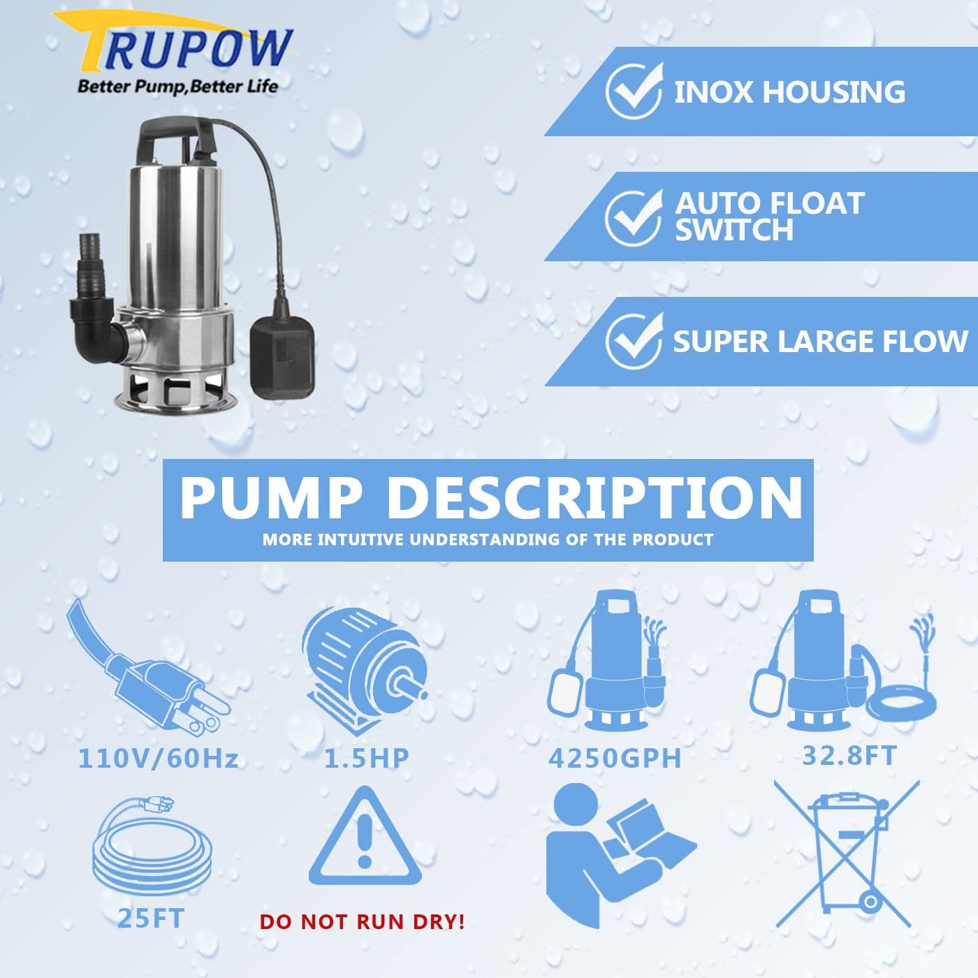 1.5HP 110v Submersible Sewage Drain Flood Stainless Steel Clean/Dirty Water Sump Transfer Pond Garden Pump