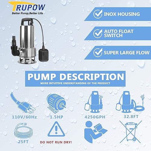 Miniatura 2 de 1.5HP 110v sumergible drenaje de aguas residuales inundación acero inoxidable limpiasucio transferencia de sumidero de agua estanque jardín bomba