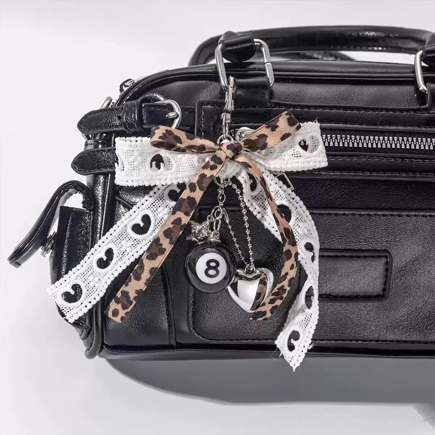 Y2K Leopard Bag Charms Cute Pearl 8 Ball Keychain Heart Handbag Car Keyring Purse Accessories for Women - Image 3