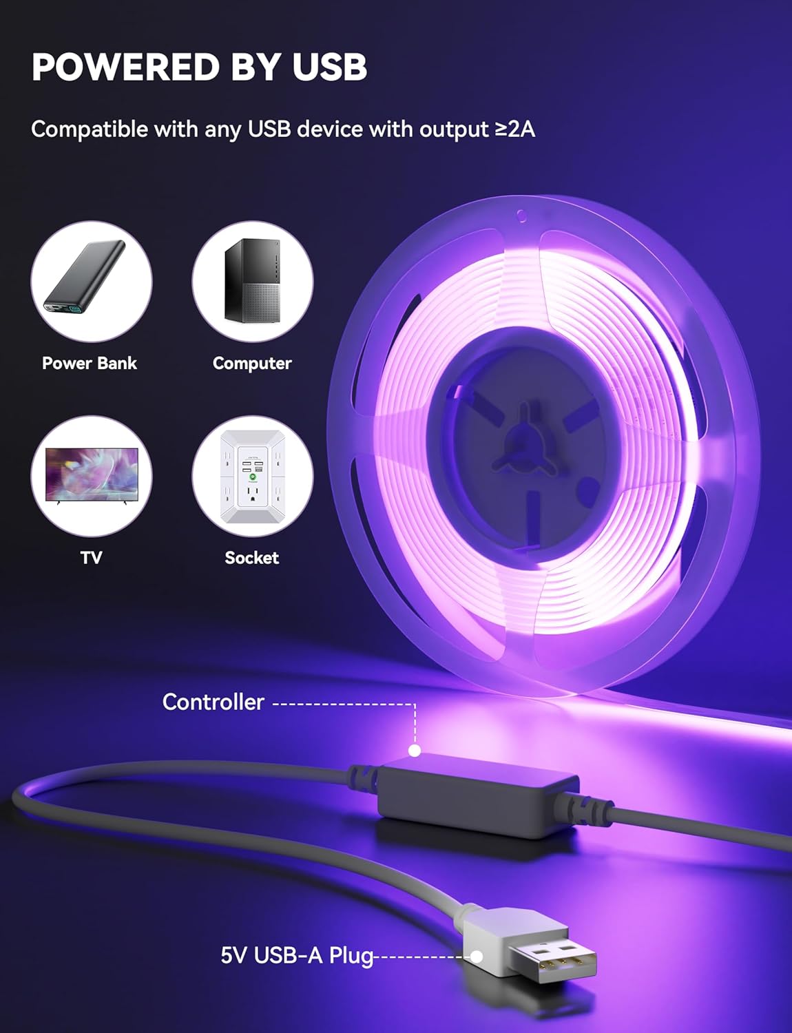 MIWISE 10mm LED Connectors Kit for 4-Pin COB LED Strip, 5V USB RGB COB LED Strip Light,9.84ft/3m Tape Lights,RF & App Control,Music Sync,Ultra Bright Color Changing Lighting,UL-Listed