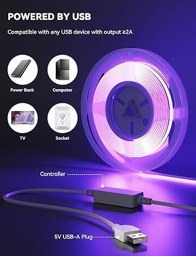 Miniatura 3 de MIWISE Tira de luz LED COB USB RGB de 5 V, cinta de luces de 9.84 pies, control de RF y aplicación, sincronización de música, iluminación ultra