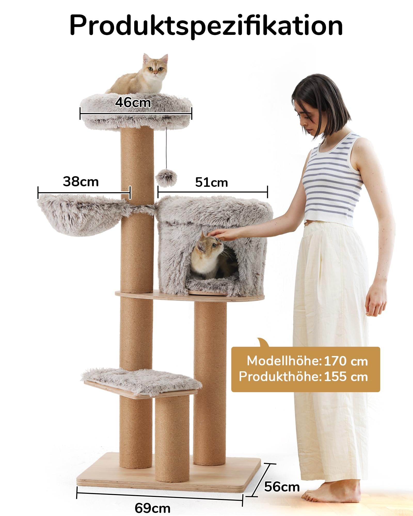 FUKUMARU Kratzbaum für Katzen,155cm Katzenbaum mit sechs 20 cm dicken Kratzsäulen aus Jute, Plüsch-Multi-Level-Katzenkondo abnehmbar, Katzenbaum aus natürlichem
