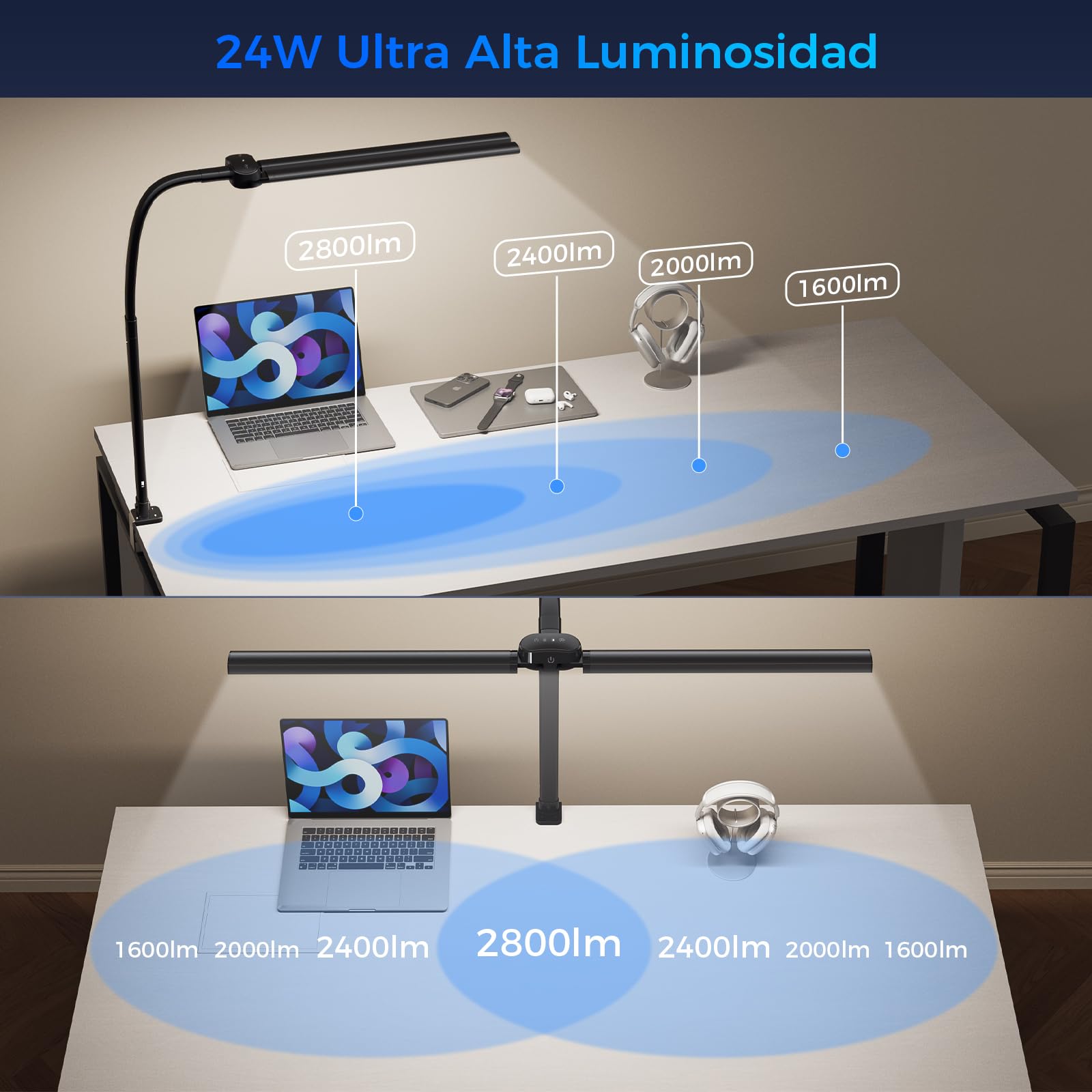 T01 Lampara de Escritorio de LED con Control Remoto - 24W 1400LM 80CM Flexo LED Escritorio con Pinza Luz Leer Puerto de carga USB para Estudiar, Oficina, Negro