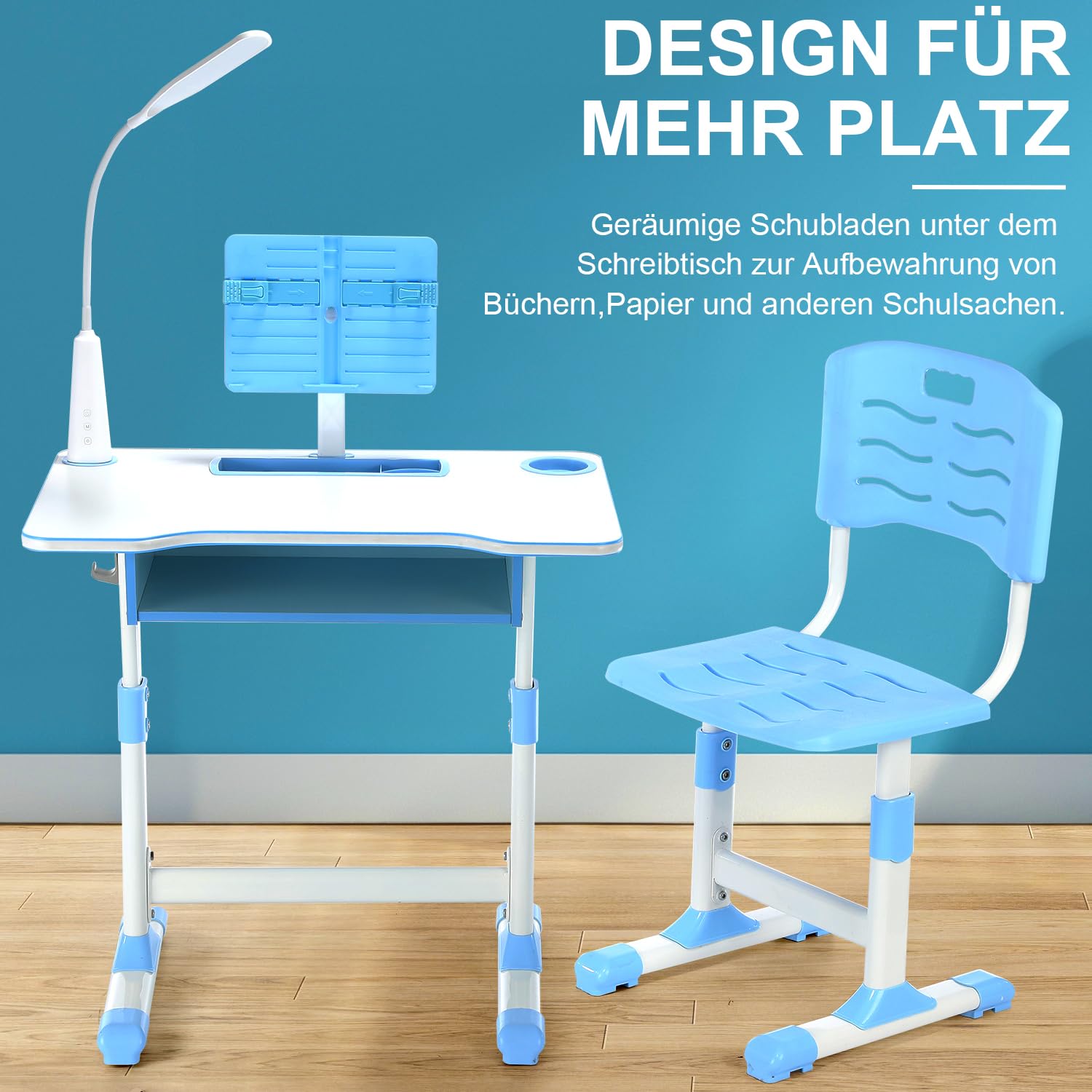 Kinderschreibtisch Set mit Bücherständer & LED-Licht, höhenverstellbarer Kindertisch und Stuhl mit Tischplatte & Schublade, Kinder Schreibtisch für Jungs & Mädchen (Blau), FA0021