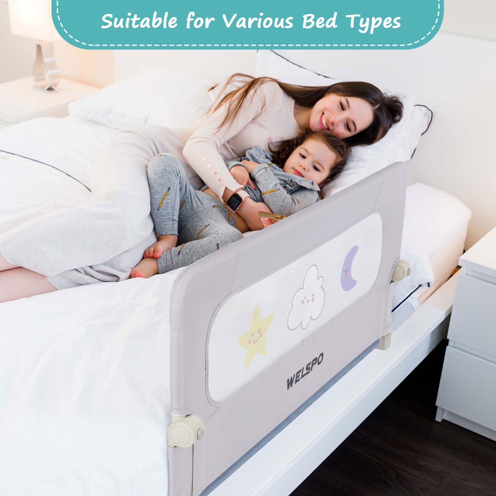 welspo Bettgitter Bettschutzgitter mit Kindermotiven, Rausfallschutz | für Kinderbett, Grau