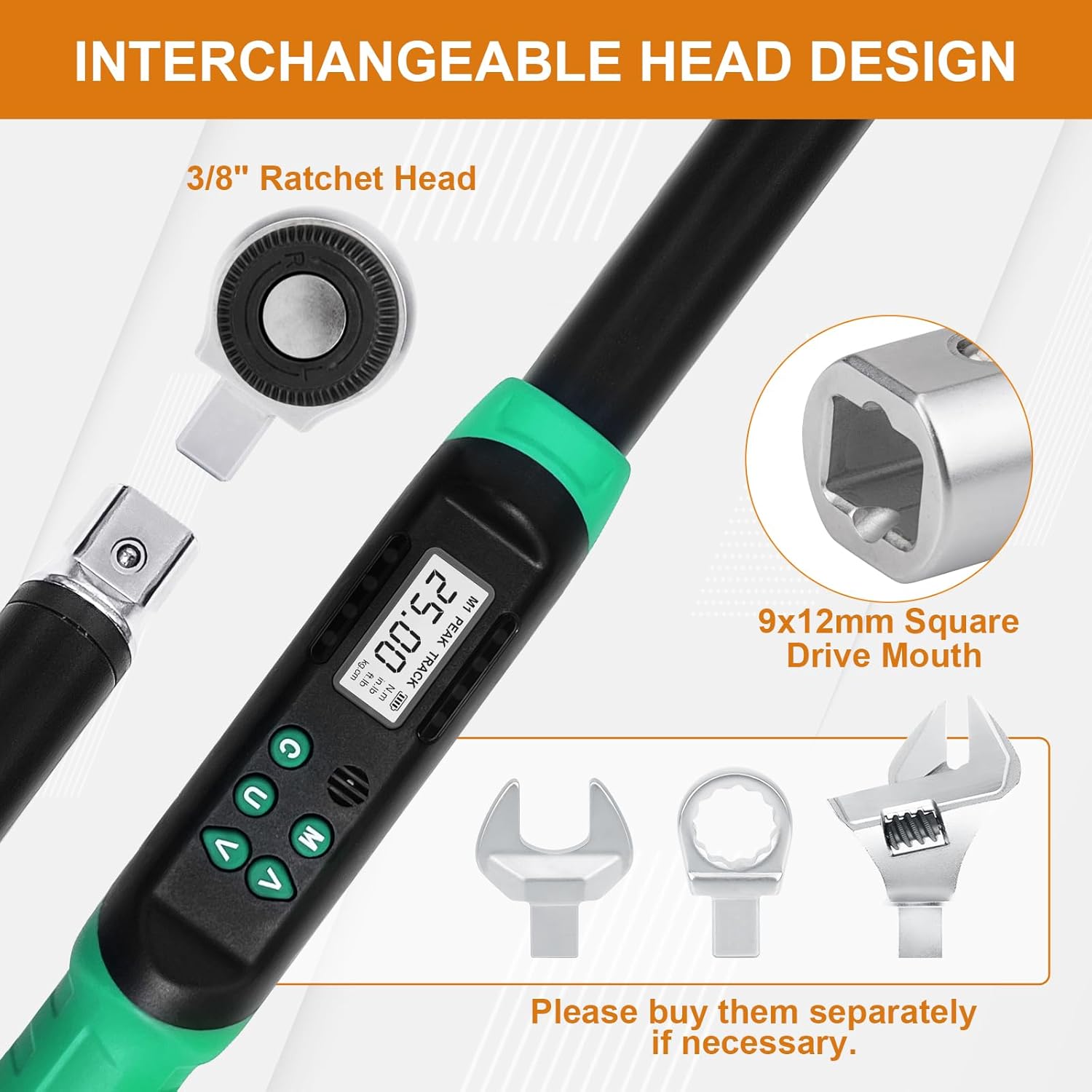 Marsram Digital Torque Wrench, 3/8" Drive 5-99.6ft.lbs/6.8-135N.m Electronic Torque Wrench, Interchangeable Ratchet Head With Buzzer And LED, Suitable For HVAC Car Bike Moto Pipeline, Calibrated