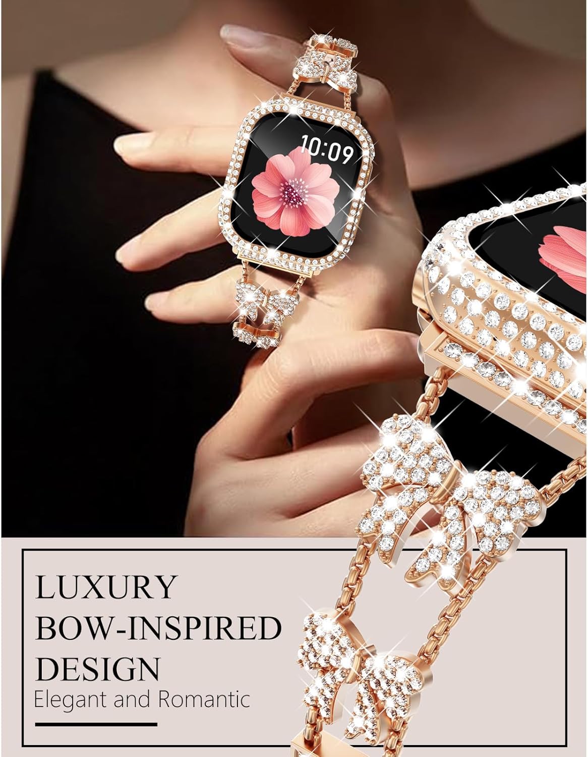 Surace Compatible with Apple Watch Bands for Women 40mm 41mm 44mm 45mm 42mm 46mm, Bow Jewelry Diamond Rhinestone Link Bracelet with 2 in 1 Waterproof Case for iWatch Series 11/10/9/8/7/6/5/4 SE3/2/1 - Image 4