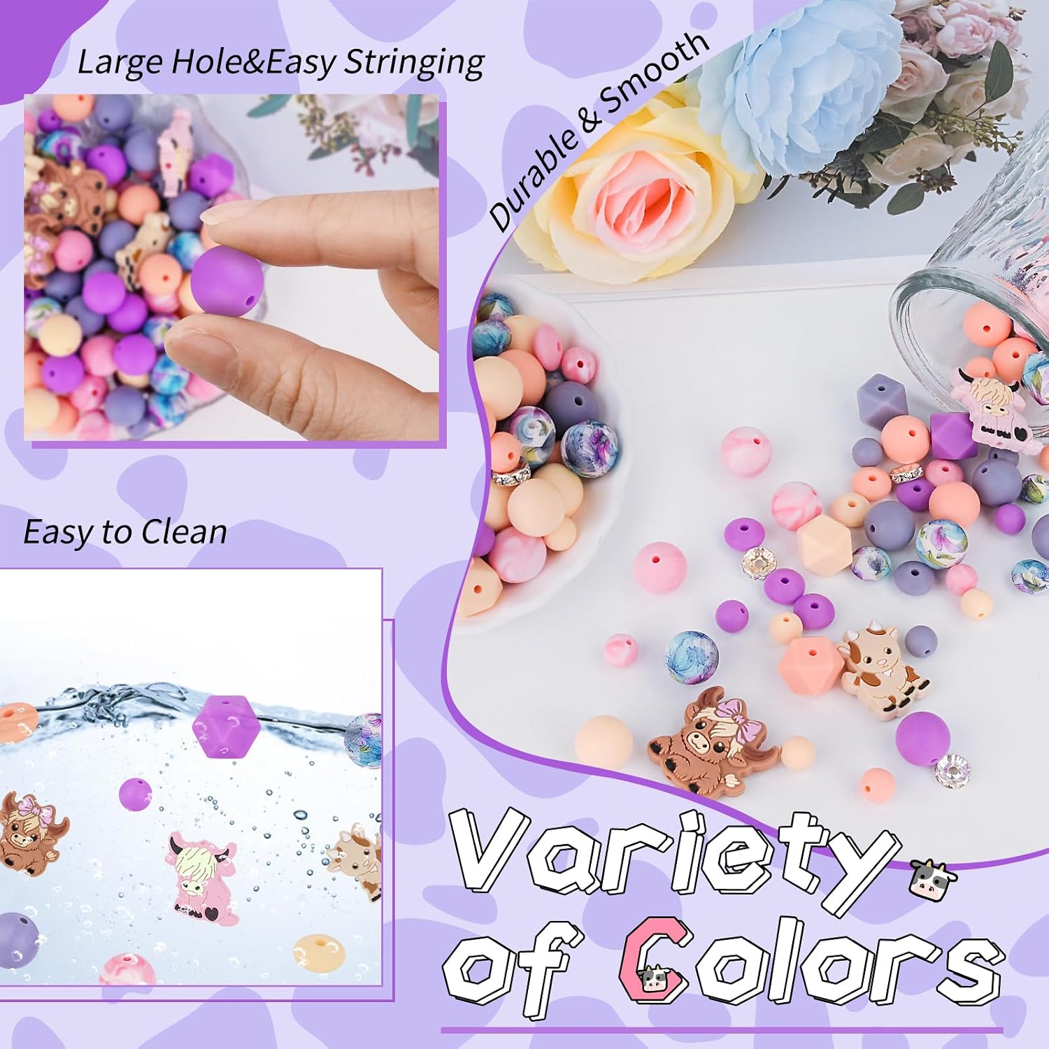 181pcs Highland Cow Silicone Beads, 9mm & 15mm Mixed Colors Focal Bead Cow Rubber Beads, Lentil, Hexagonal, Print Matte/Frosted Bead for Keychain Making, Bracelet Necklace DIY
