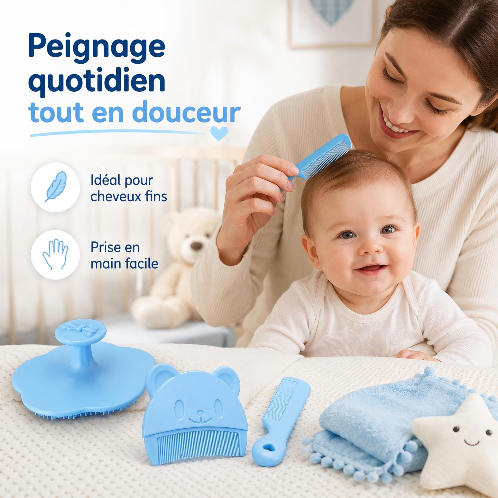 Lot de 4 Brosses et Peignes pour Bébé, Peigne Doux Anti-Croûte de Lait, Brosse à Cheveux Bébé, Peigne Anti-Croûte Efficace, Aide au Nettoyage et Massage Doux du Cuir Chevelu pour Nouveau-Nés et Bébés