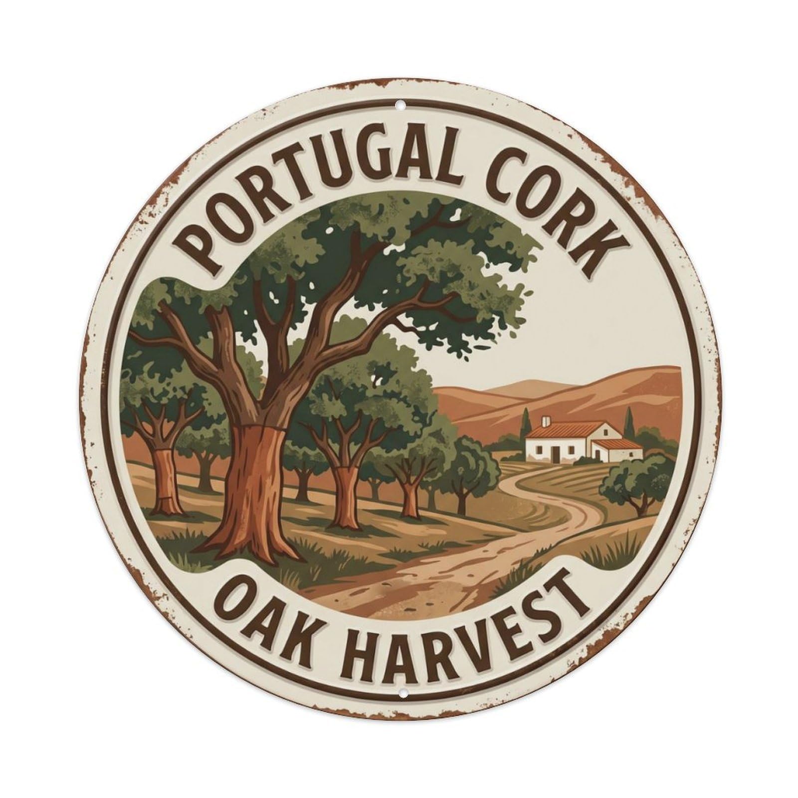 Cork Oak Harvest Portugal Forest Metal Tin Sign Plaque Wall Decor for Cafe, Club Bar, Office, Home Garden Round Metal Poster 8x8Inch