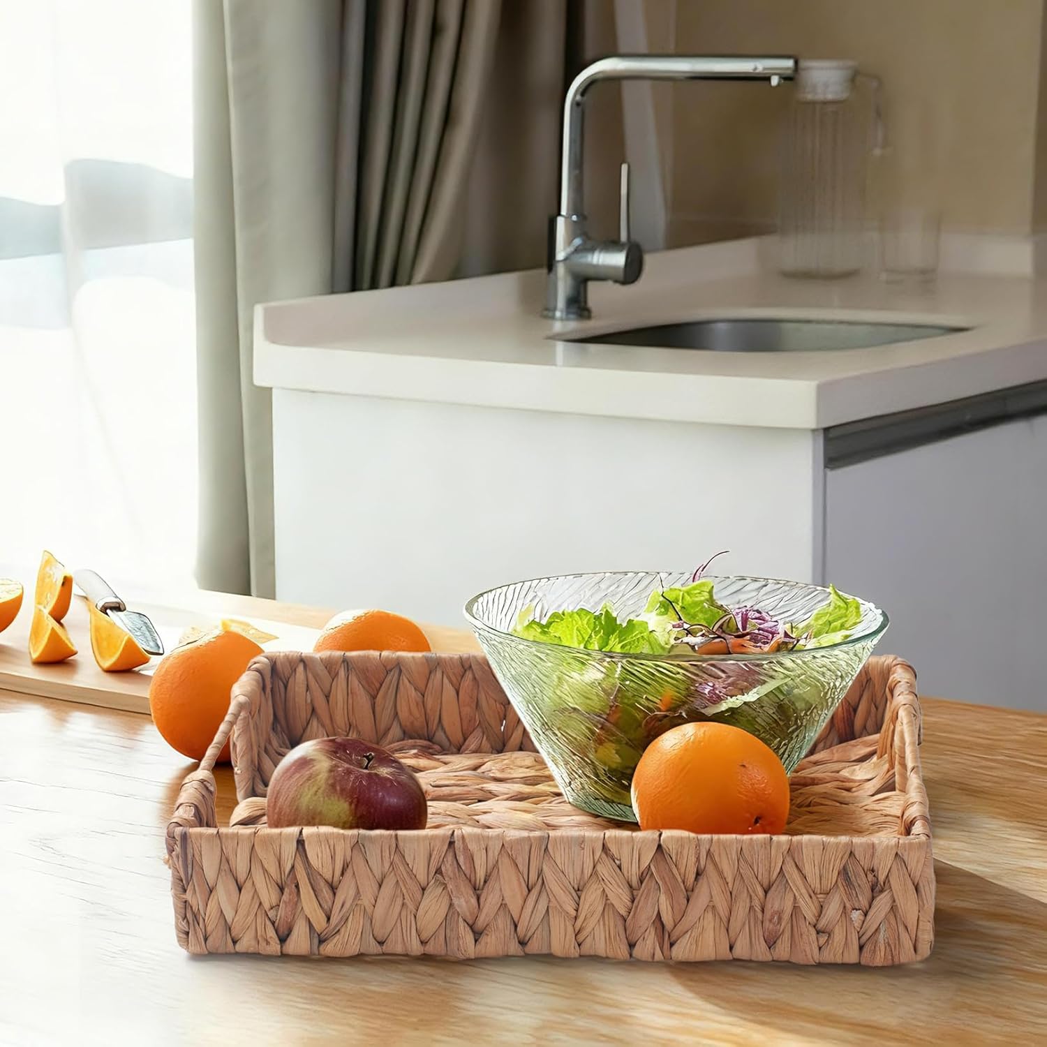 Water Hyacinth Rectangular Serving Tray for Coffee Table Natural Storage Baskets with Handles for Home and Kitchen Decor Set of 2 - Image 7