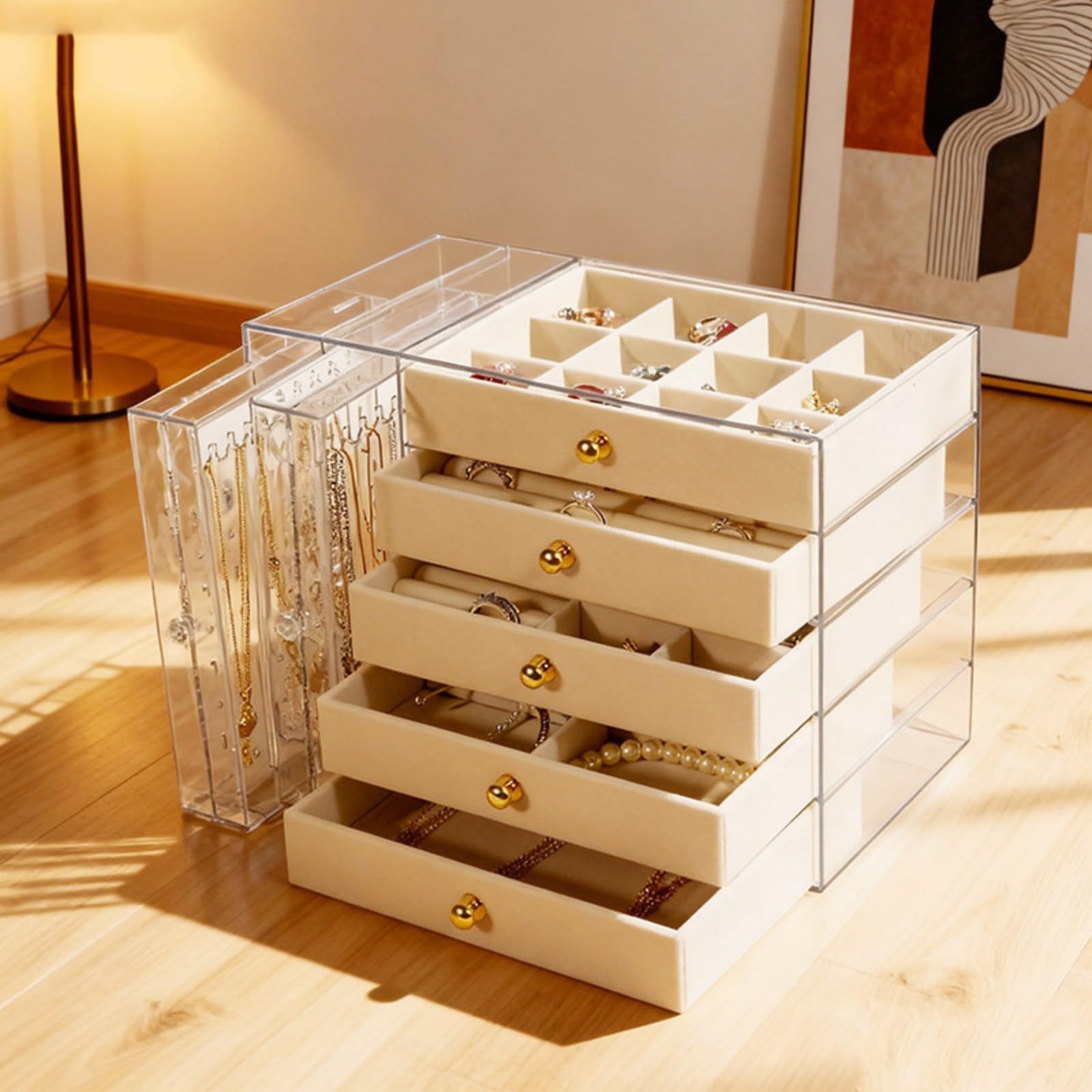 Stili cassetti scorrevoli Lisci Organizzatore Gioielli in Acrilico con 5 Scomparti Custodia per la Gestione efficiente degli Accessori Custodia per Gioielli in Acrilico